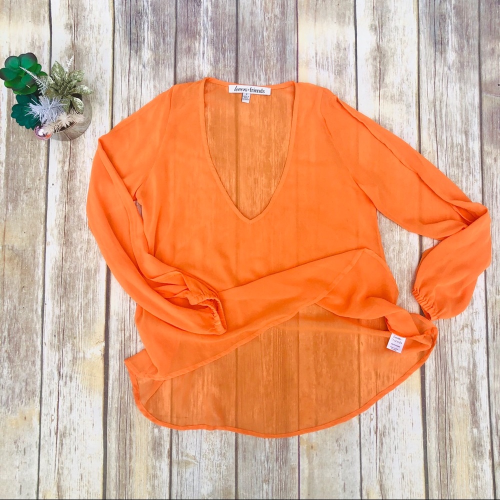 Lovers + Friends Split Sleeve Sheer NEON orange Blouse